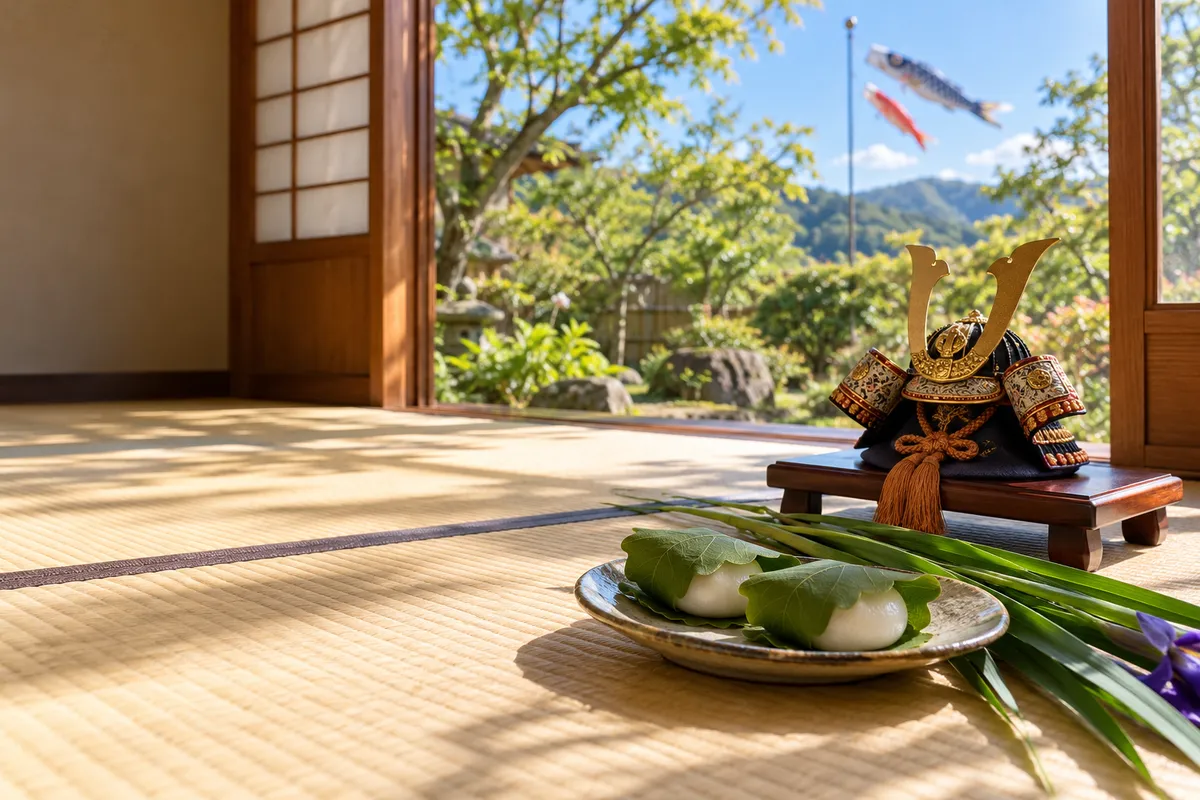 兜と柏餅、菖蒲を飾った端午の節句の和室