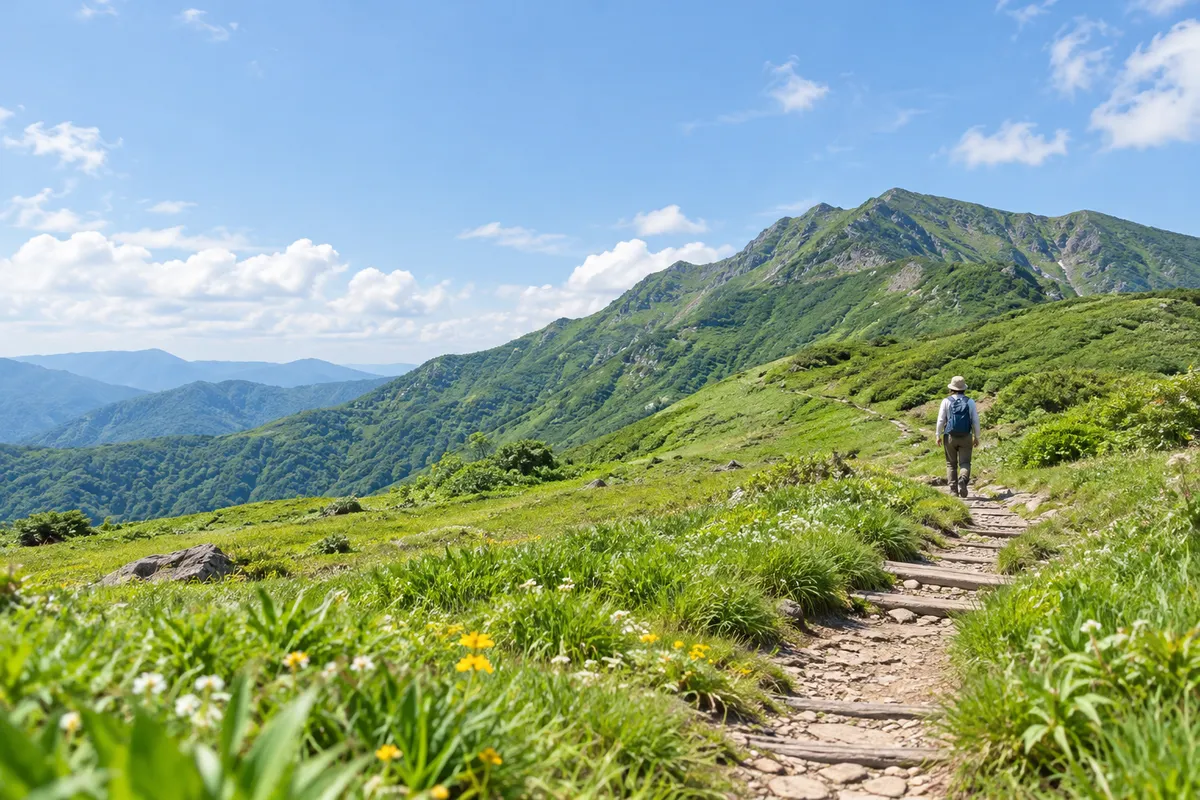 夏の青空の下、緑の尾根を望む山麓の道