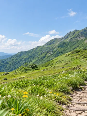 夏の青空の下、緑の尾根を望む山麓の道