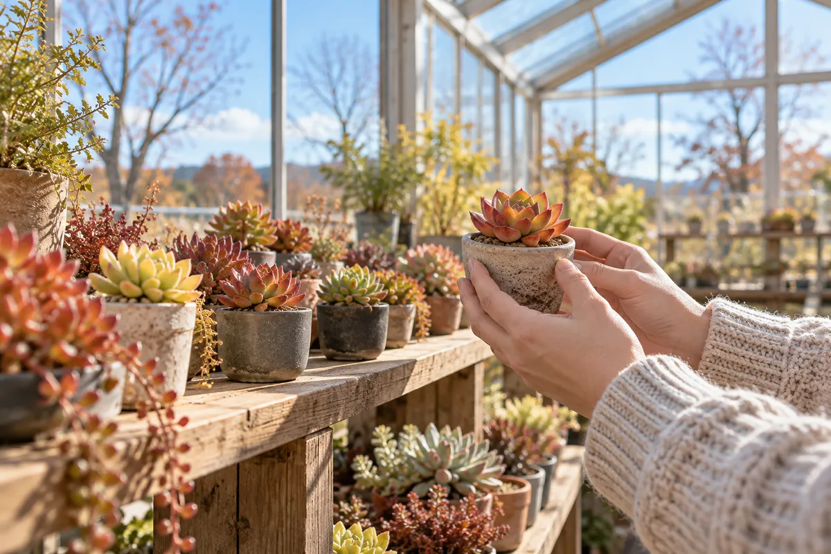 温室で色づいた多肉植物の鉢を手に取る様子