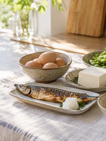 台所の調理台に並ぶ卵、豆腐、枝豆、牛乳、焼き魚