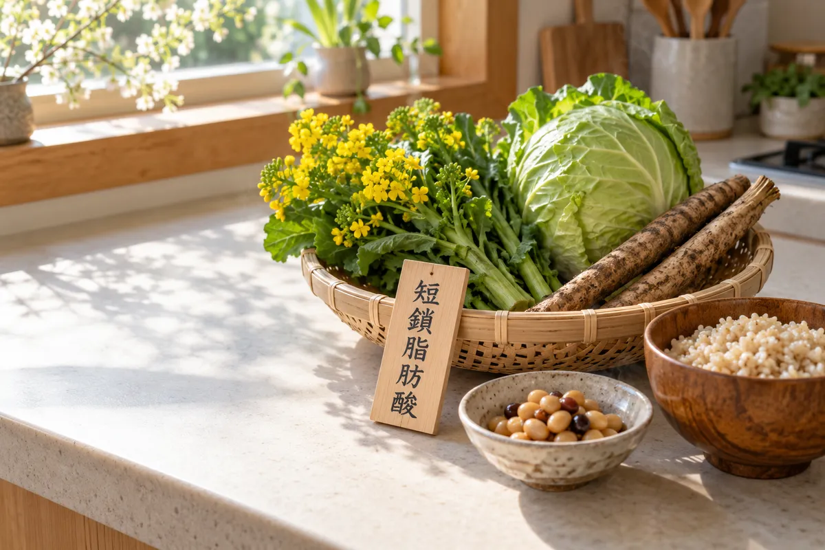 食物繊維の野菜と「短鎖脂肪酸」の木札
