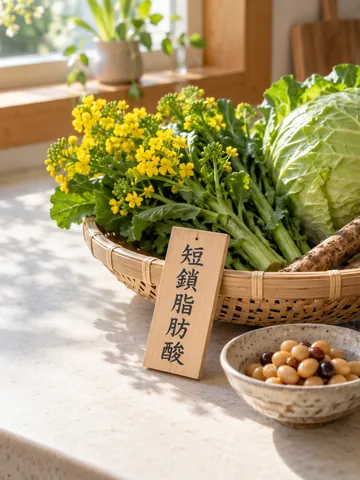 食物繊維の野菜と「短鎖脂肪酸」の木札