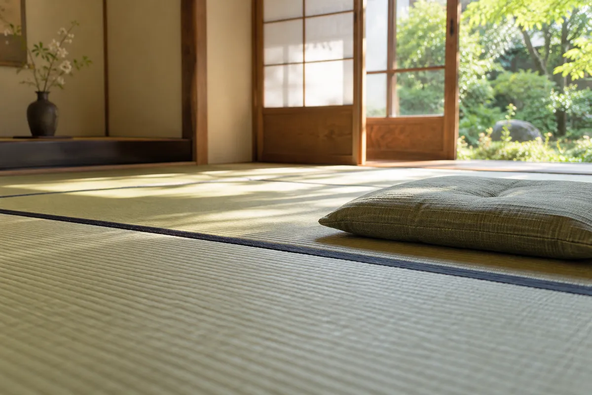 日差しが差し込む和室の青い畳と畳縁