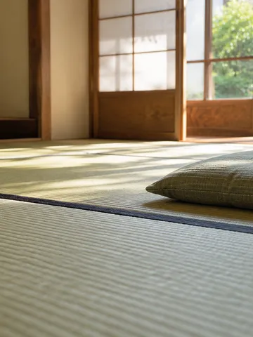 日差しが差し込む和室の青い畳と畳縁