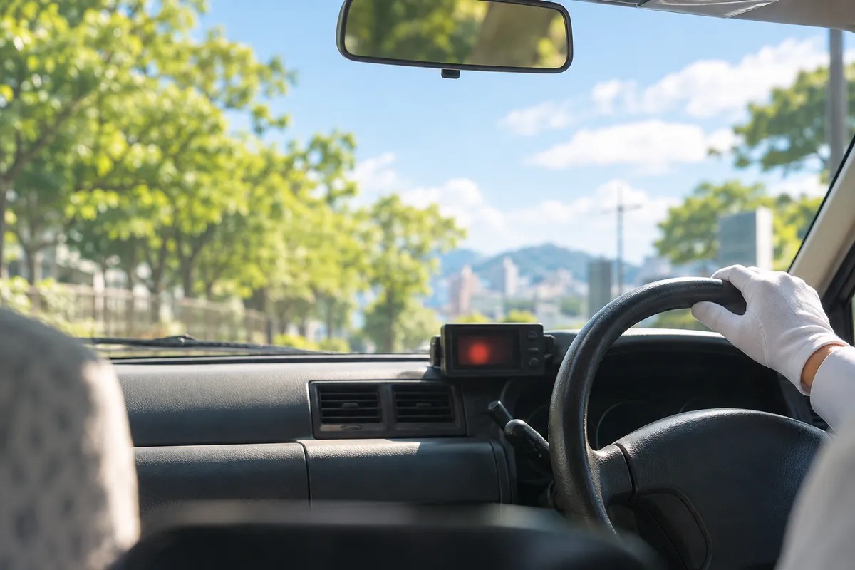 夏の日差しが差すタクシー車内の料金メーター