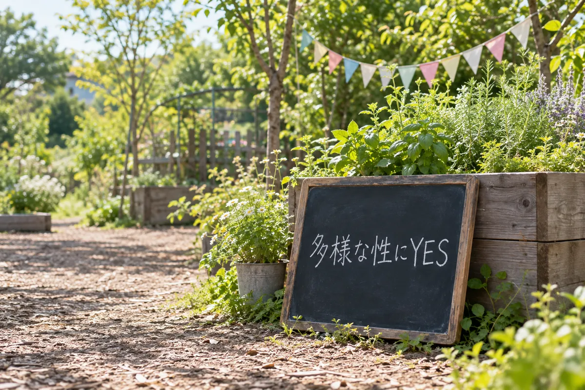 庭の黒板に書かれた「多様な性にYES」