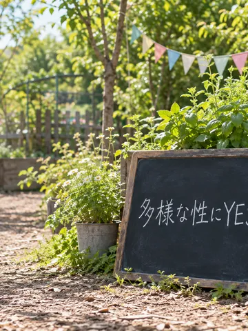 庭の黒板に書かれた「多様な性にYES」