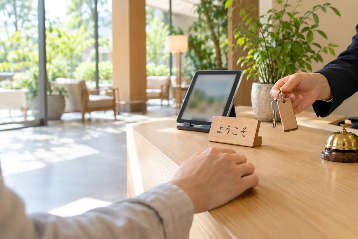 ホテルの受付カウンターにある「ようこそ」の札とタブレット