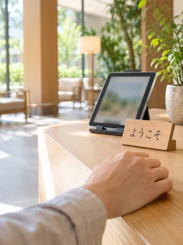 ホテルの受付カウンターにある「ようこそ」の札とタブレット