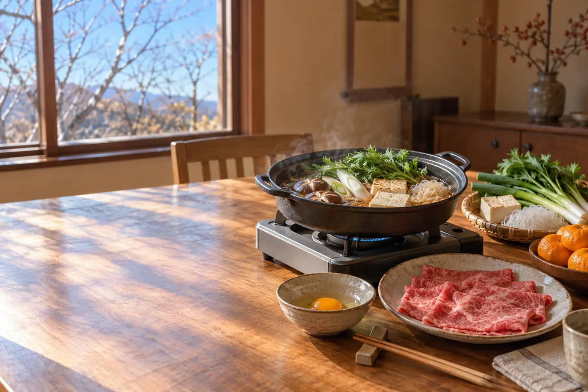 すき焼き鍋と適度に霜降りの入った牛肉の薄切り