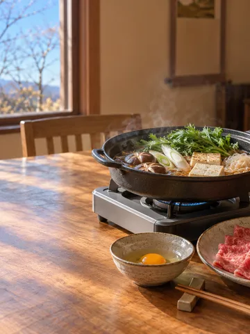 すき焼き鍋と適度に霜降りの入った牛肉の薄切り