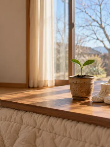 こたつの上の双葉の鉢植えと赤ちゃんの小さな靴下