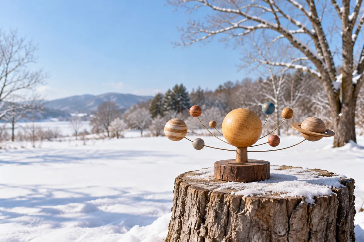 雪の庭の切り株に置かれた太陽系の木製模型