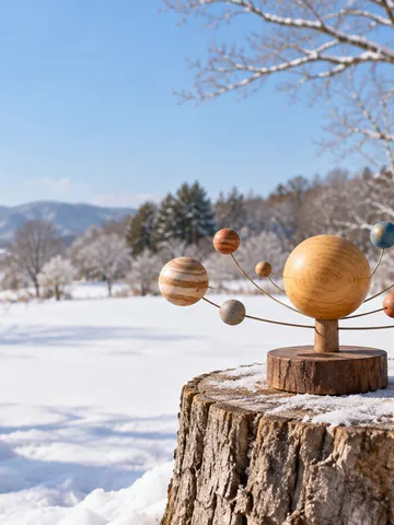 雪の庭の切り株に置かれた太陽系の木製模型
