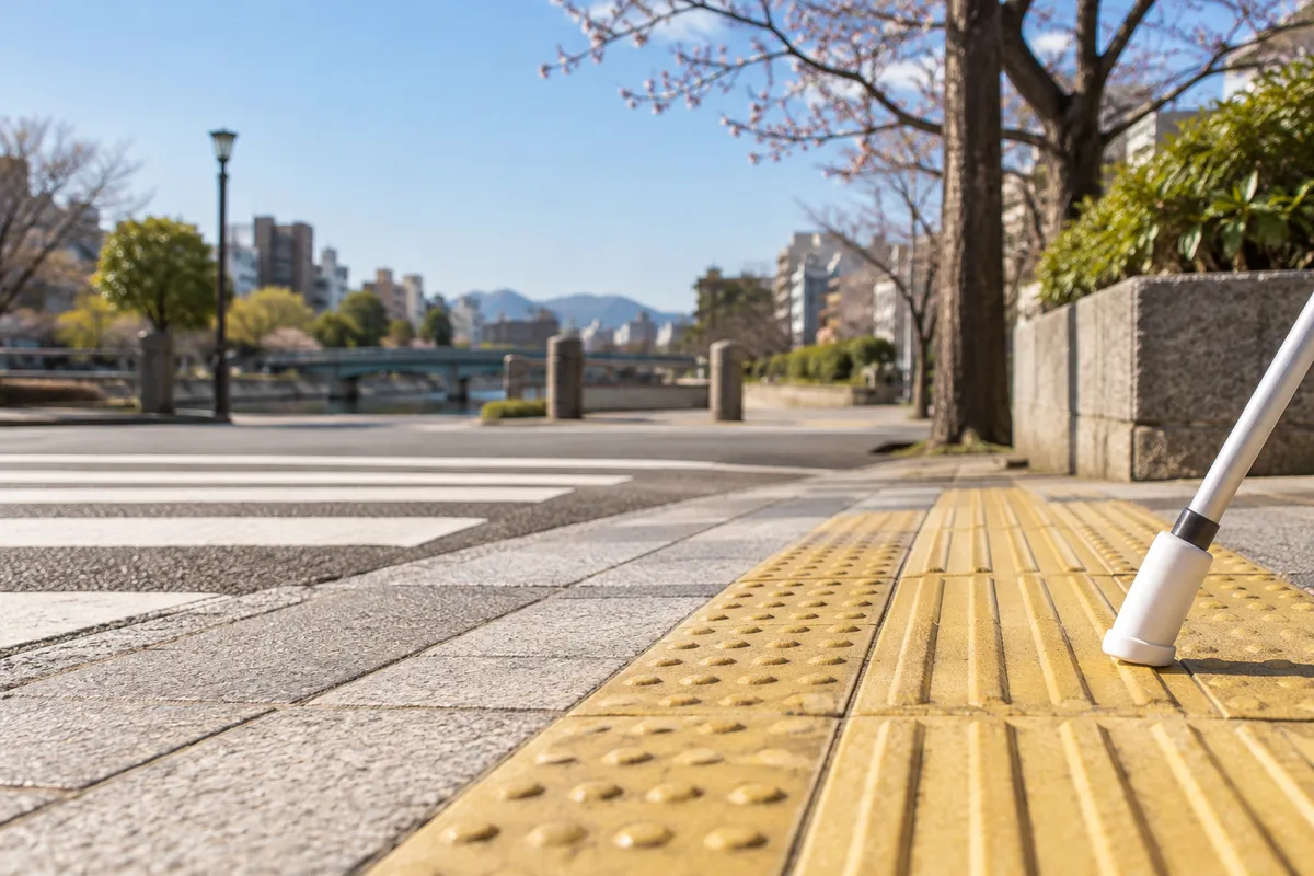 日差しの中、歩道に敷かれた黄色い点字ブロック