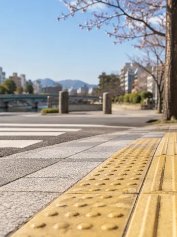 日差しの中、歩道に敷かれた黄色い点字ブロック