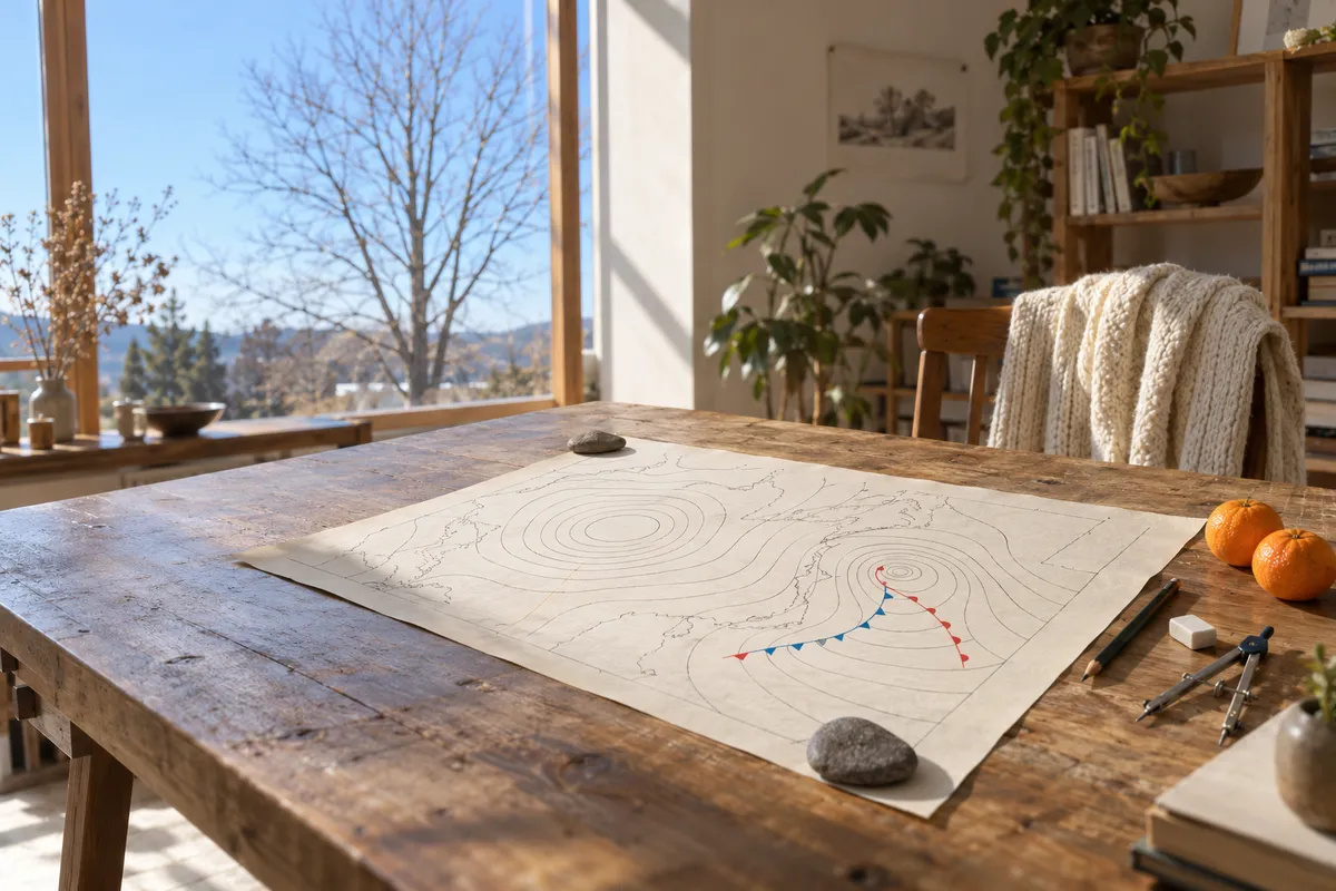 日だまりの作業机に広げた手描きの天気図とみかん