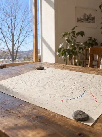 日だまりの作業机に広げた手描きの天気図とみかん