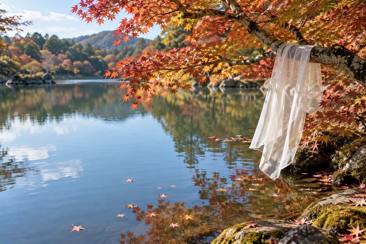 池のほとりの紅葉の枝に掛かる白い羽衣