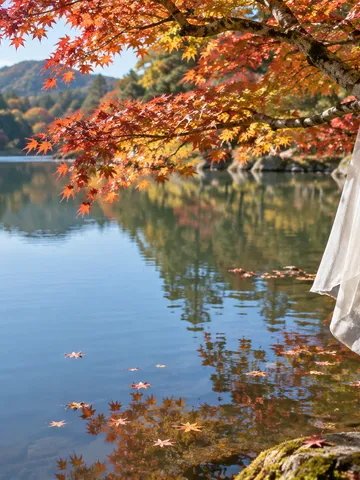 池のほとりの紅葉の枝に掛かる白い羽衣