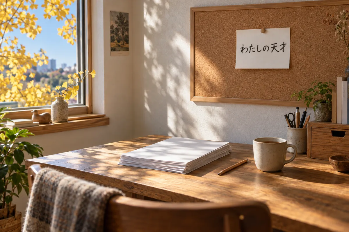 「わたしの天才」と書かれたメモと原稿の机