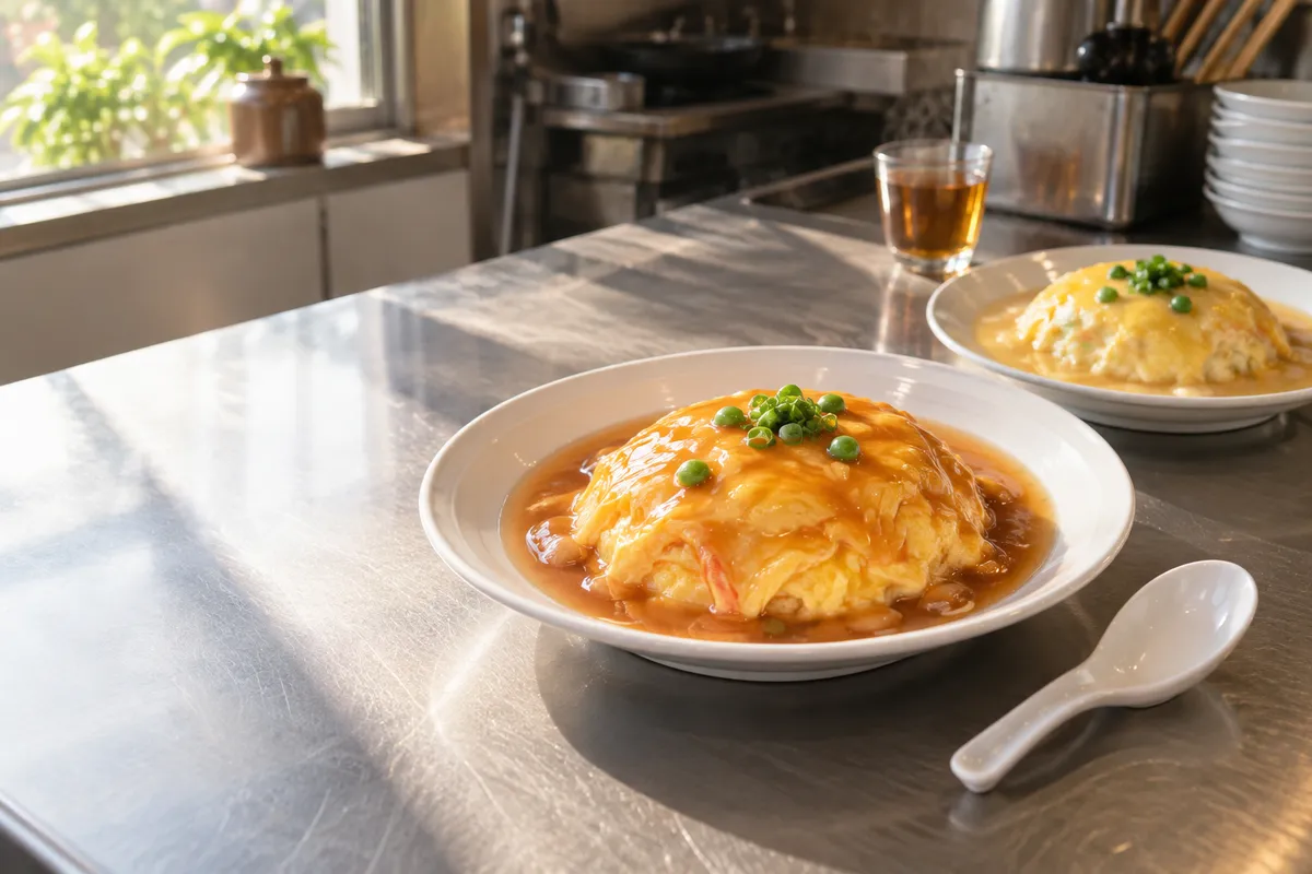ふんわり卵と餡をのせた天津飯と食べ比べ用の小皿