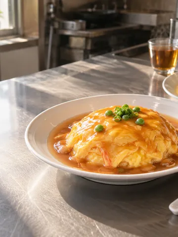 ふんわり卵と餡をのせた天津飯と食べ比べ用の小皿