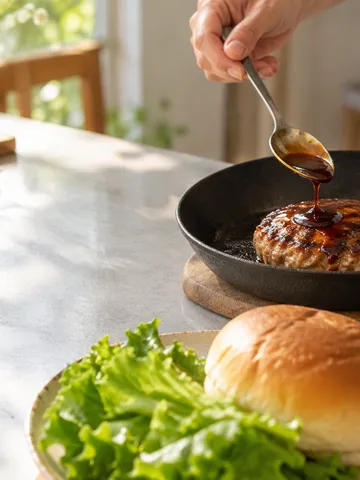 台所で照り焼きだれをパティにかける手元