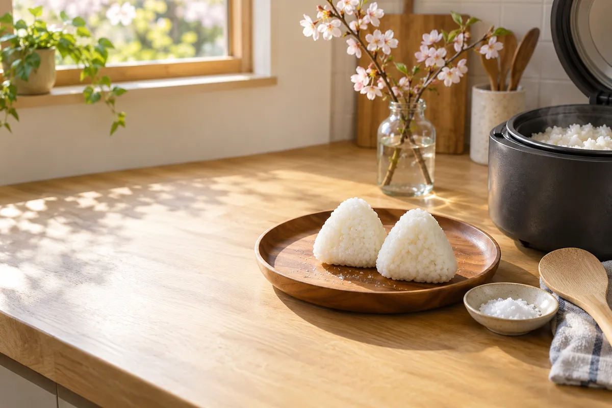 木のお盆にのった塩むすびと塩の小皿