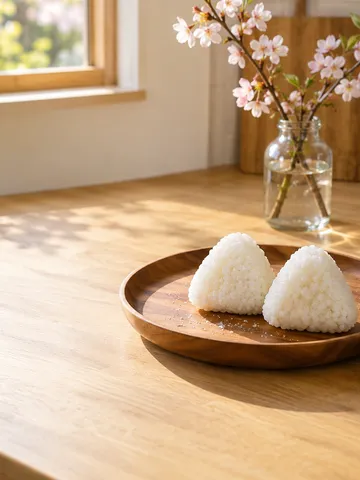木のお盆にのった塩むすびと塩の小皿