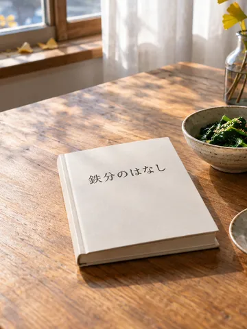 「鉄分のはなし」の本とほうれん草、干しぶどうの食卓