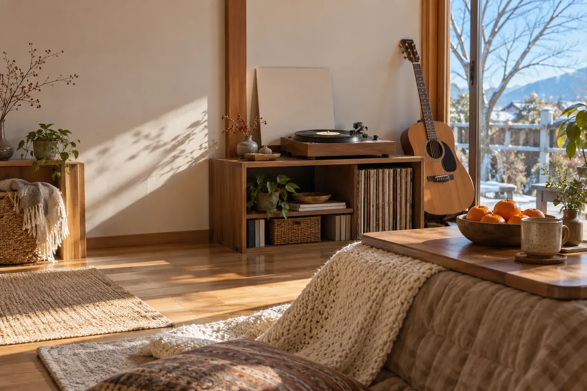 日なたの部屋でレコードが回るプレーヤーとギター、みかん