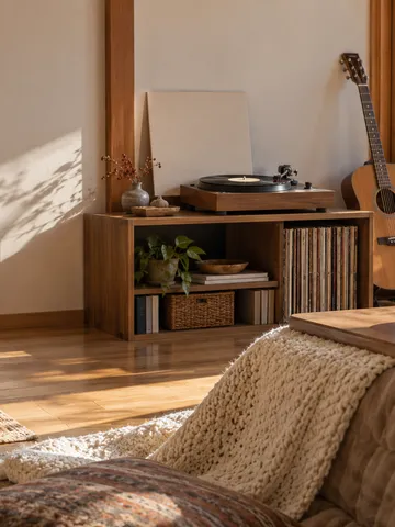 日なたの部屋でレコードが回るプレーヤーとギター、みかん