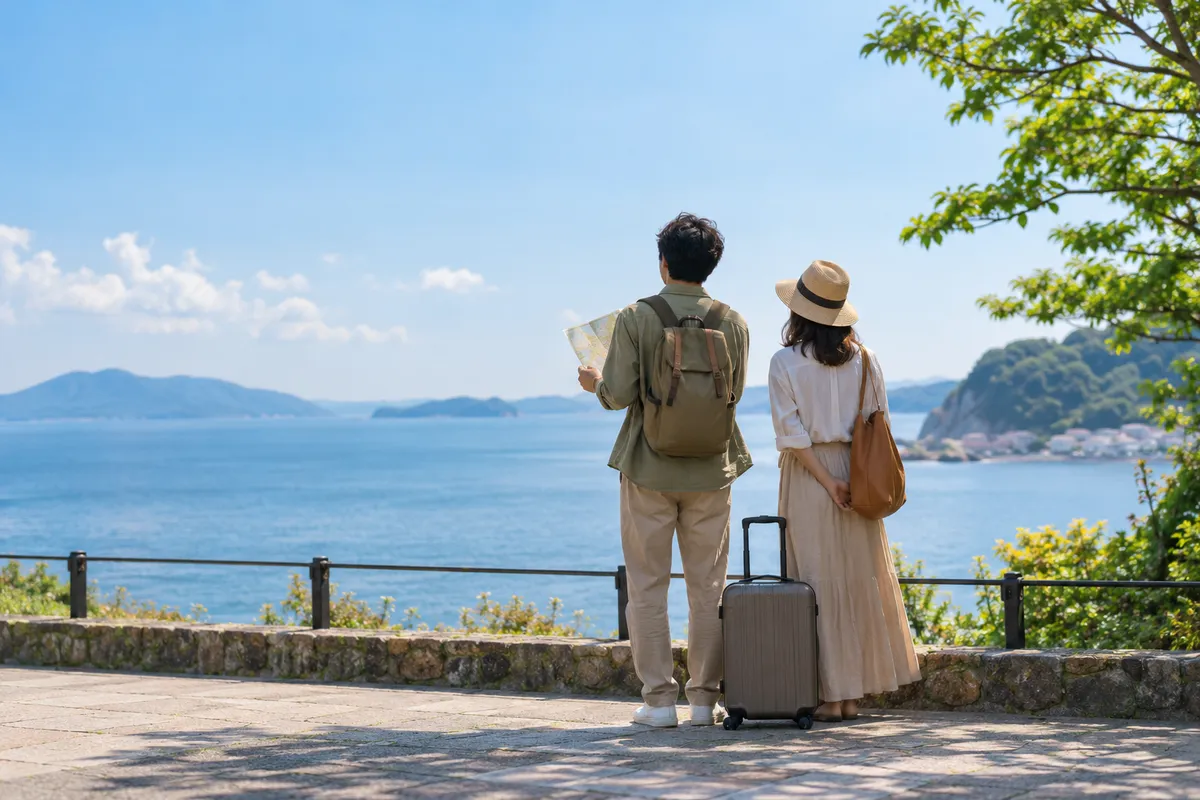 海辺で旅行かばんと並ぶ新婚夫婦の後ろ姿