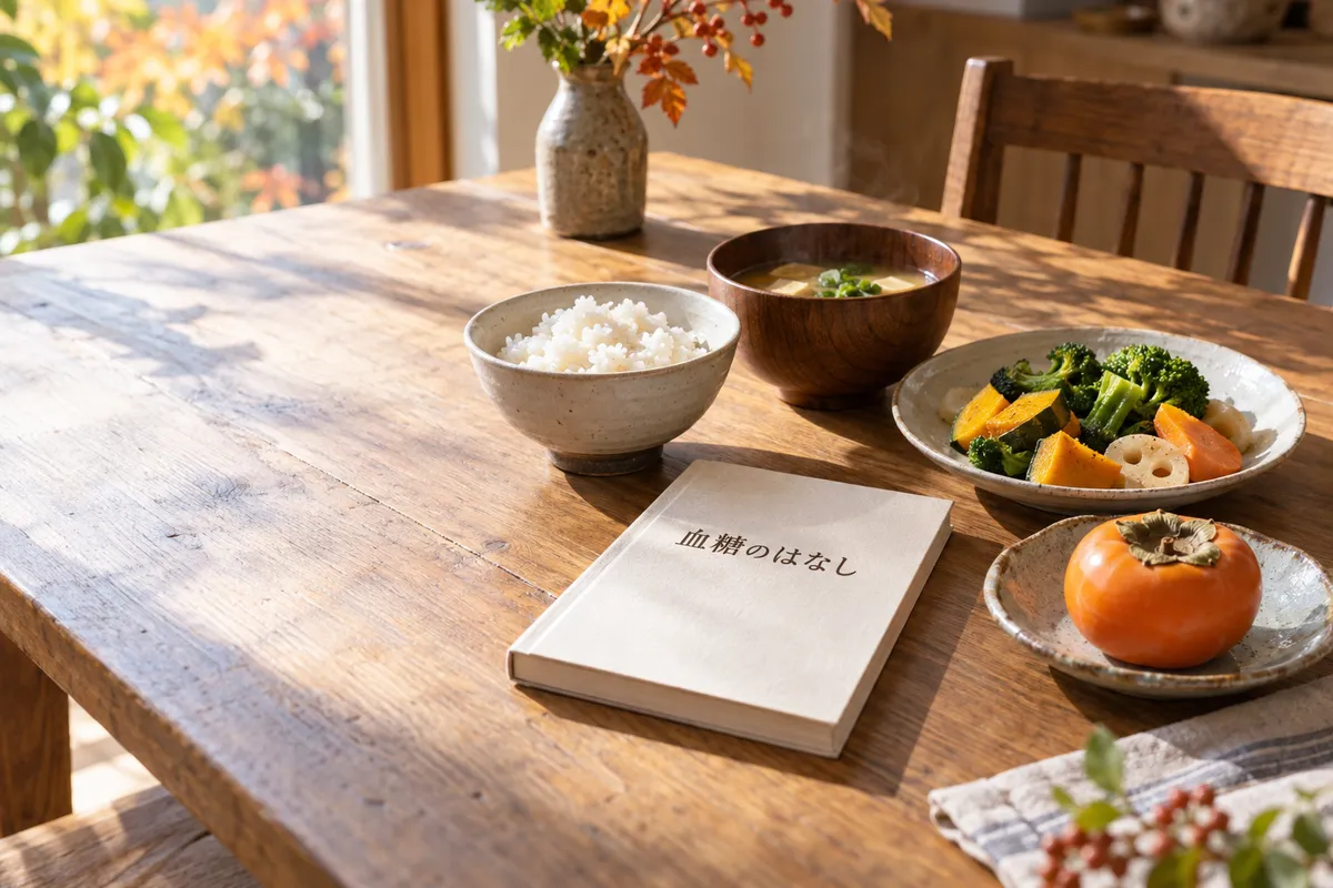 「血糖のはなし」の本と食事が並ぶ食卓