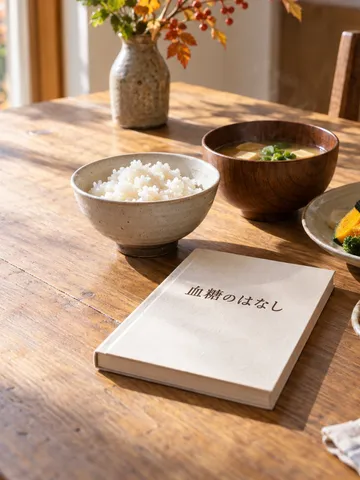 「血糖のはなし」の本と食事が並ぶ食卓