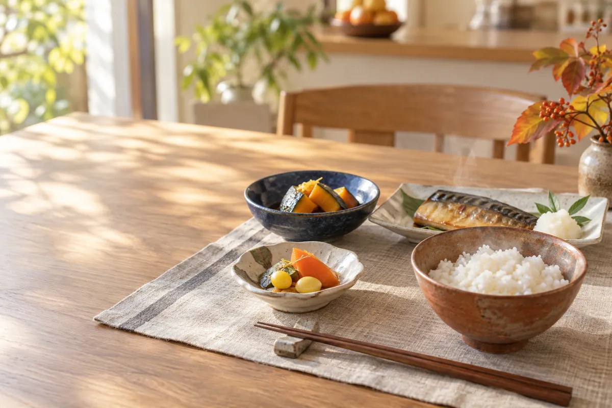 彩り豊かな和陶器に盛られた秋の食卓