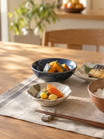 彩り豊かな和陶器に盛られた秋の食卓