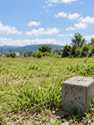 夏の空き地にある境界標と測量機器