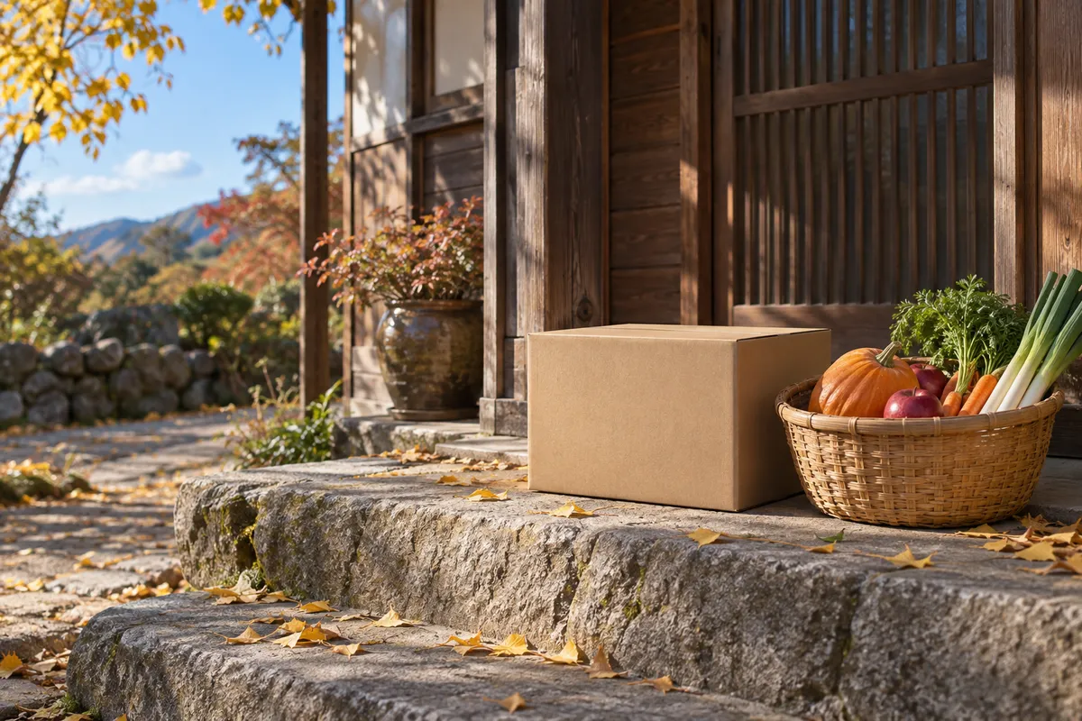 秋の玄関先に置かれた野菜と果物の入った箱とかご
