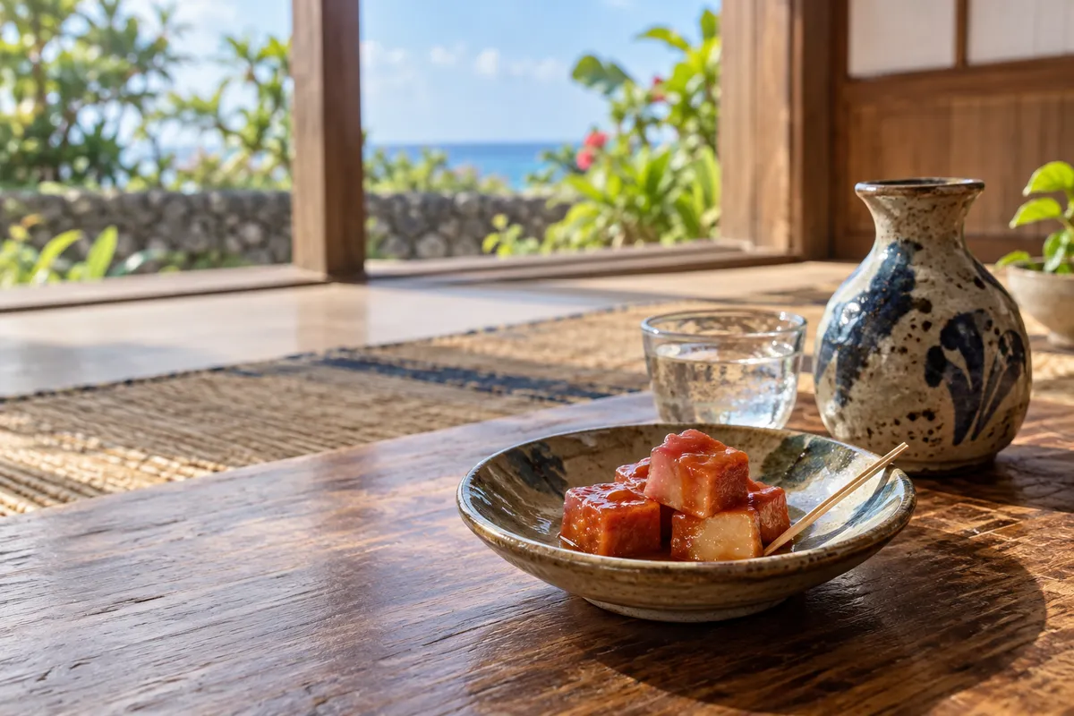 小皿に盛った豆腐ようと泡盛のグラス