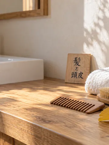 木の札「髪と頭皮」と櫛、ブラシ、タオル