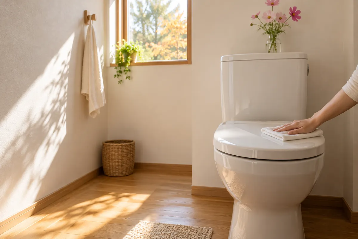 日差しの入るトイレで便器のふたを拭く手元