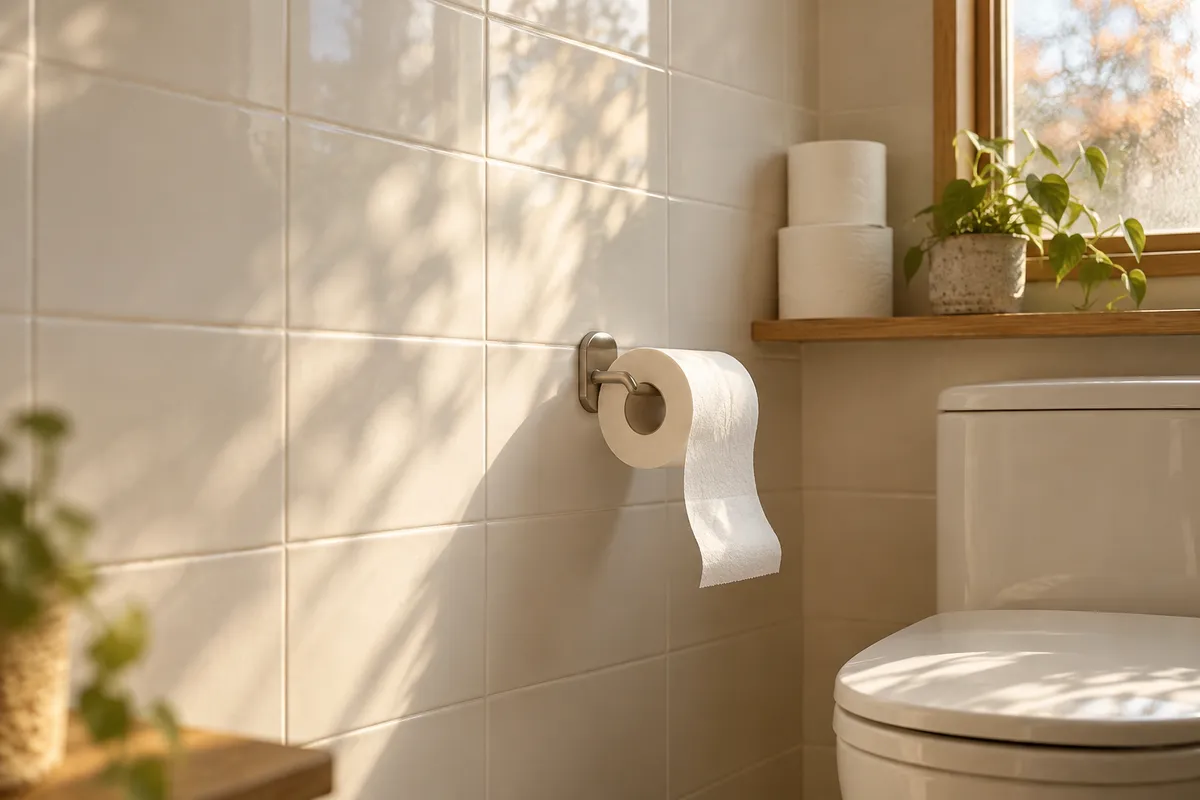 明るい浴室のホルダーに掛かったトイレットロール