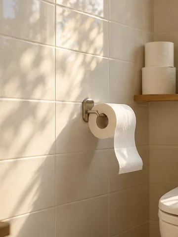 明るい浴室のホルダーに掛かったトイレットロール