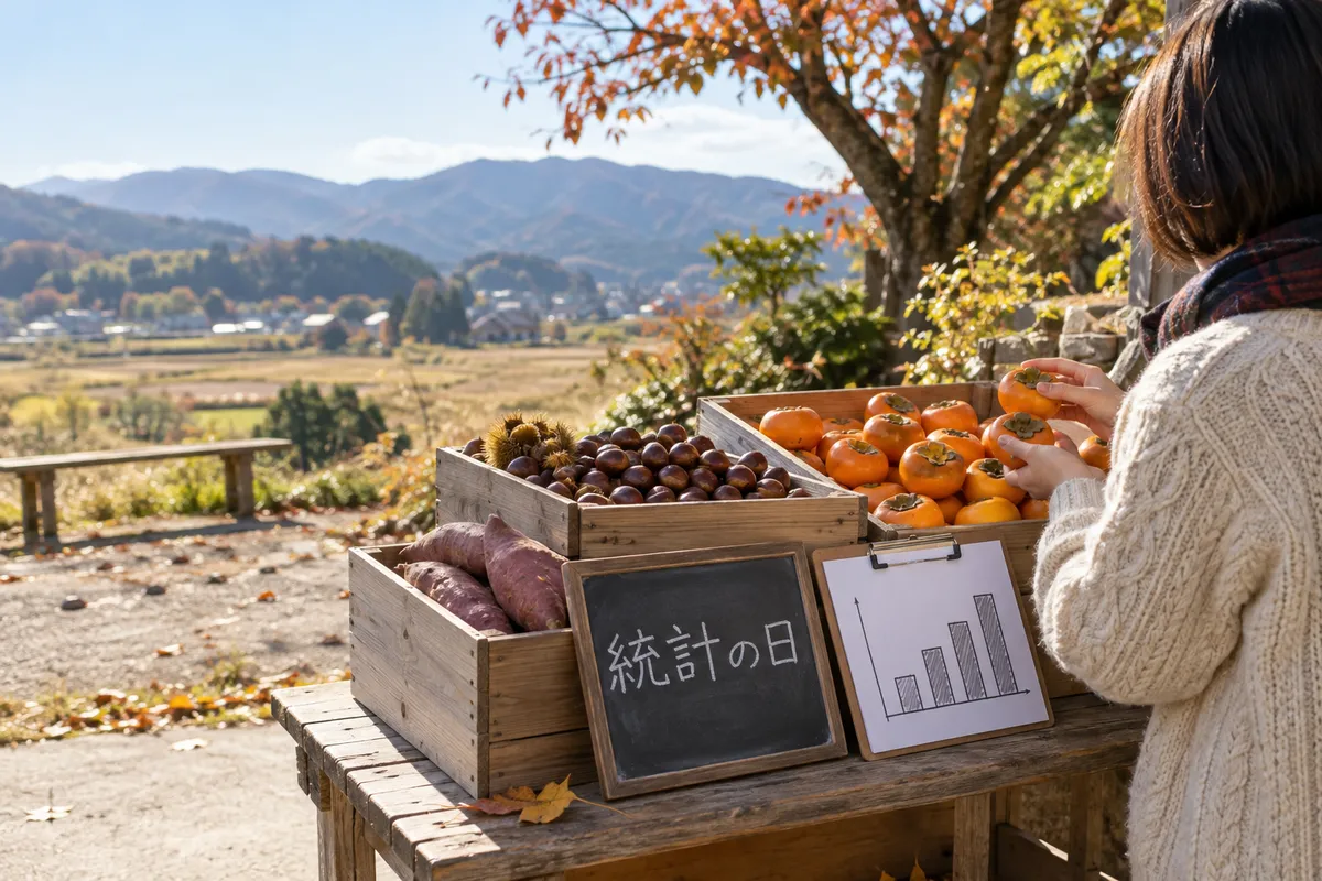 秋の青果店先に並ぶ木箱と「統計の日」の黒板