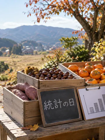 秋の青果店先に並ぶ木箱と「統計の日」の黒板