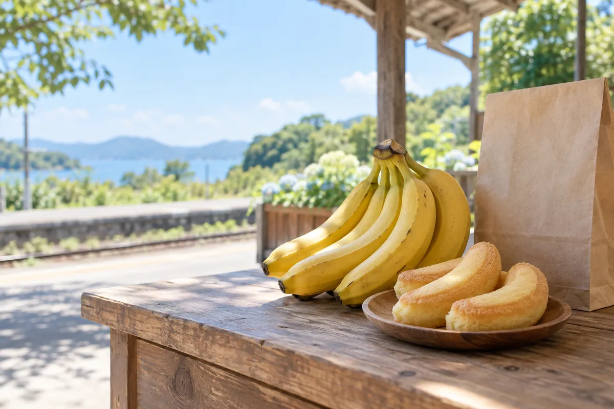 バナナと小さな焼き菓子が並ぶ土産売り場の台