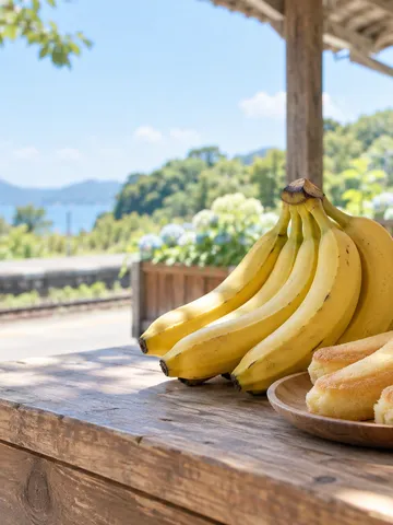 バナナと小さな焼き菓子が並ぶ土産売り場の台